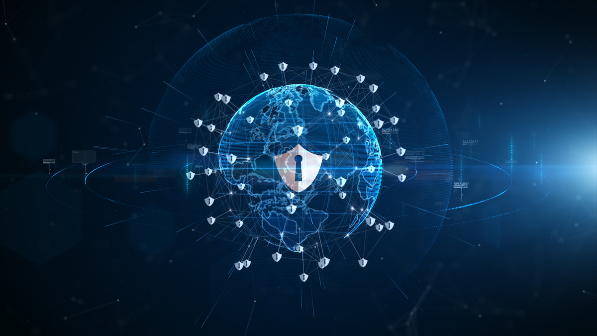 Shield icon cyber security, Digital data network protection, Technology digital network data connection, Digital cyberspace future background concept.
