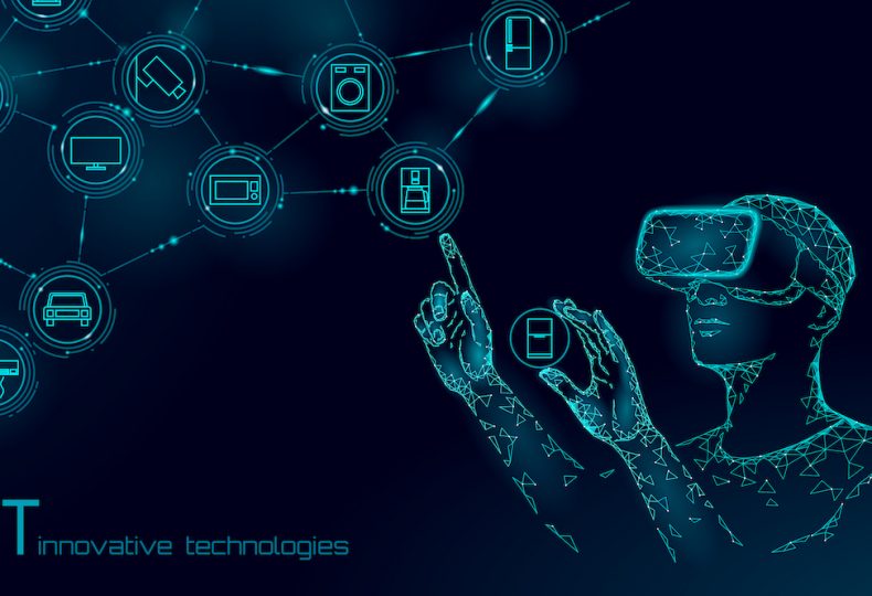 Internet of things modern operation by vr glasses innovation technology concept. Wireless communication augmented reality network IOT ICT. Home intelligent system automation vector illustration