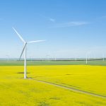 Vertical shot of wind generators in a large field during daytime