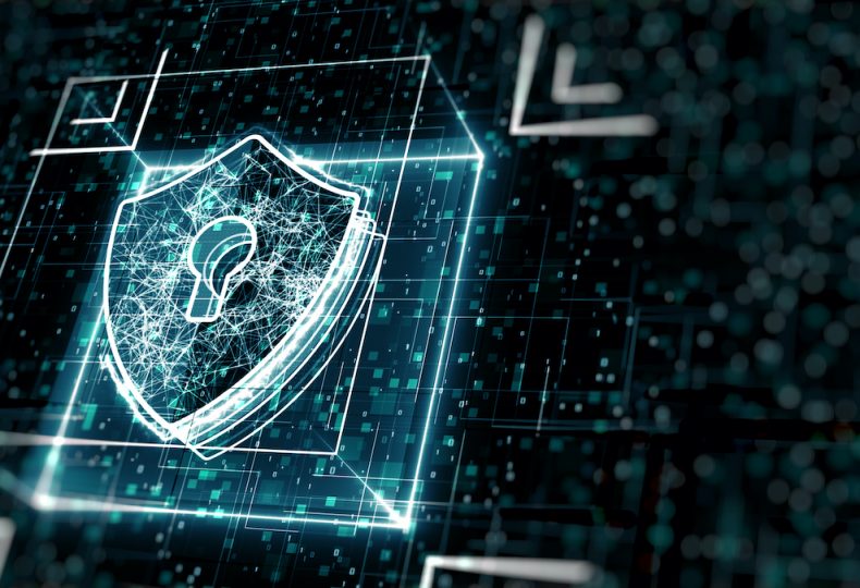 Abstract cyber security concept. Shield With Keyhole icon on digital data background.