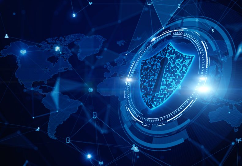Shield Icon Cyber Security, Digital Data Network Protection, Future Technology Digital Data Network Connection Background Concept.