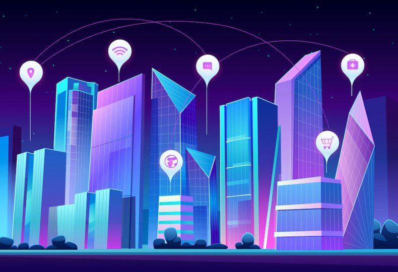 Smart city and infographic icons at night