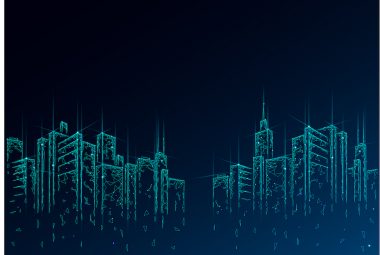 Low poly smart city 3D wire mesh. Intelligent building automation system business concept. High skyscrapers border pattern background. Architecture urban cityscape technology vector illustration